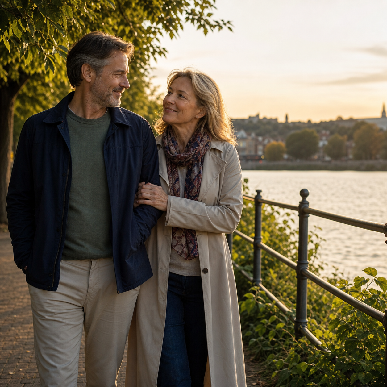 Älteres Paar beim Spaziergang am Wasser – symbolisches Motiv zu Bewegung und Partnerschaft